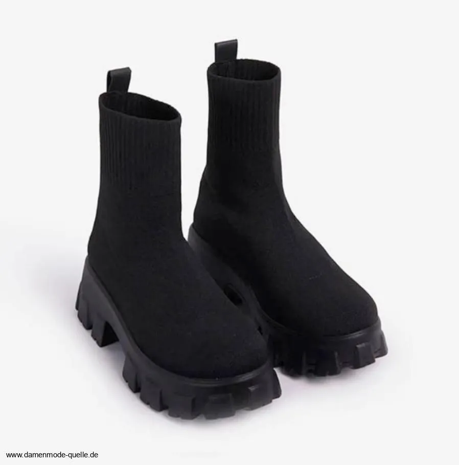 Damen Boots Stiefeletten Socken Schuhe mit Dicke Sohle in Schwarz