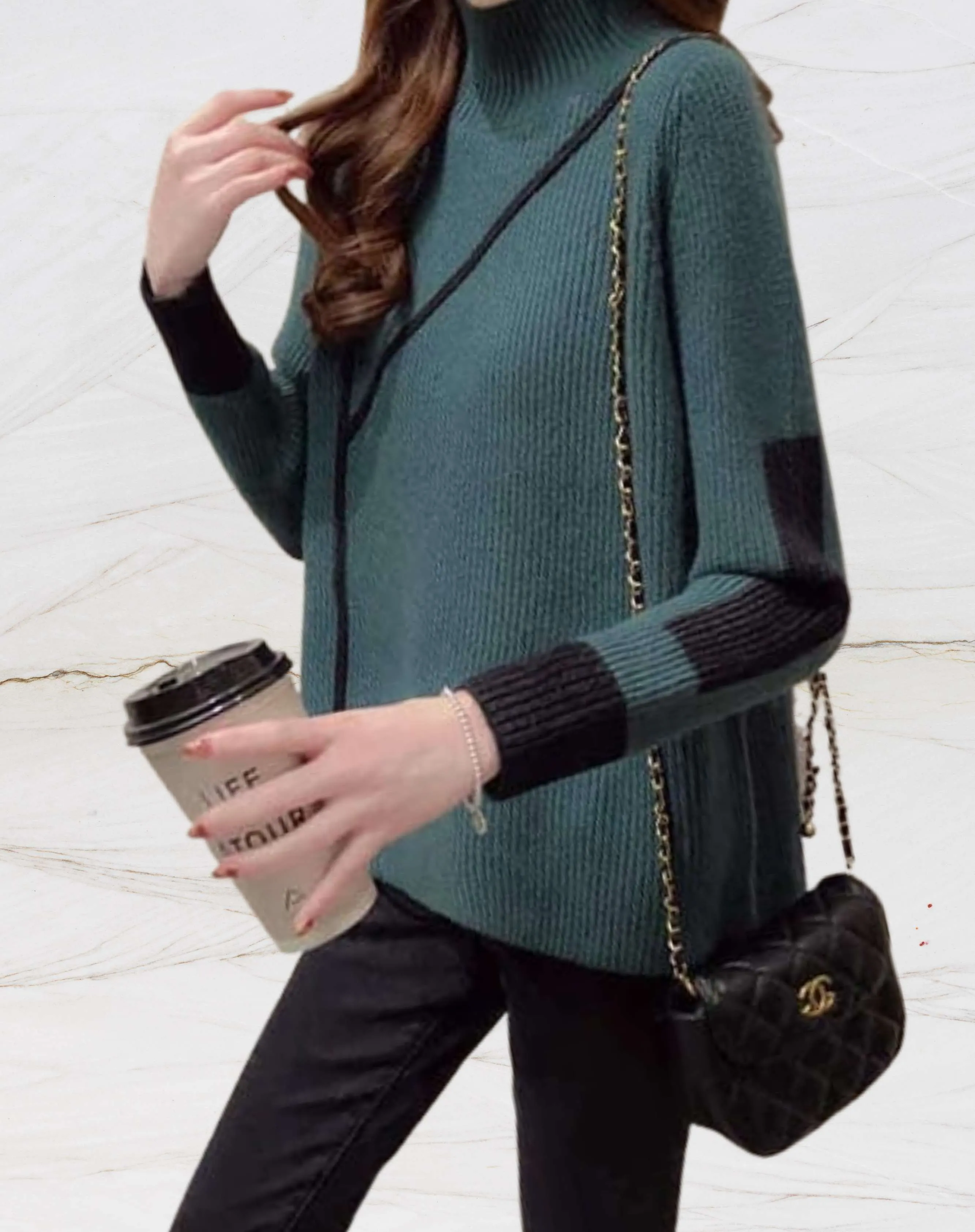 Heidi-Mode | Sweater Hoher Kragen Gestrickter Bicolor Pullover