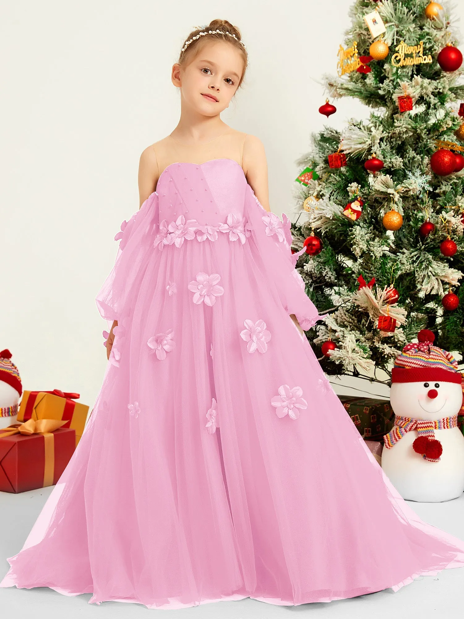 Illusion Langarm Blumen Applikationen Blumenmdchenkleid Bonbonrosa