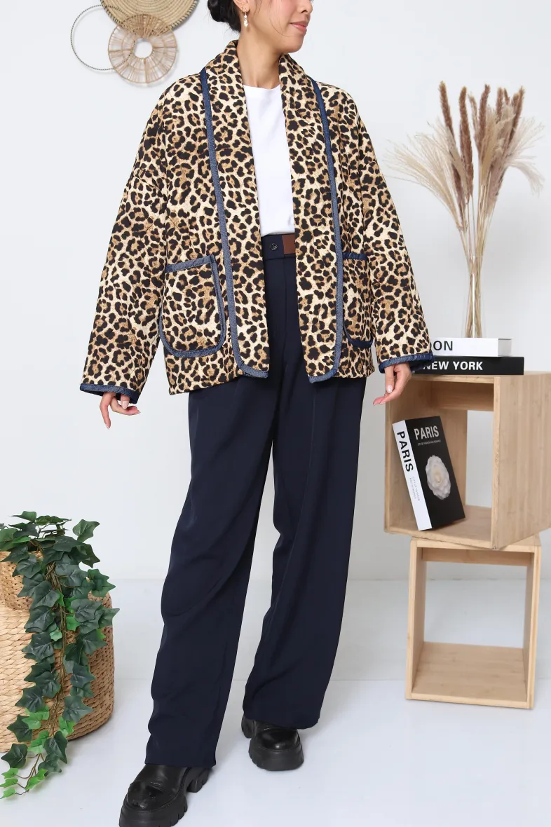 Leoparden-Steppjacke, Jeans-Schalkragen
