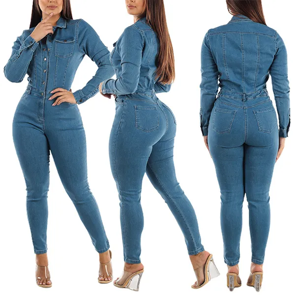Moderner Jeans-Overall mit Stehkragen Langen Ärmeln Knöpfen und Schlanker Passform