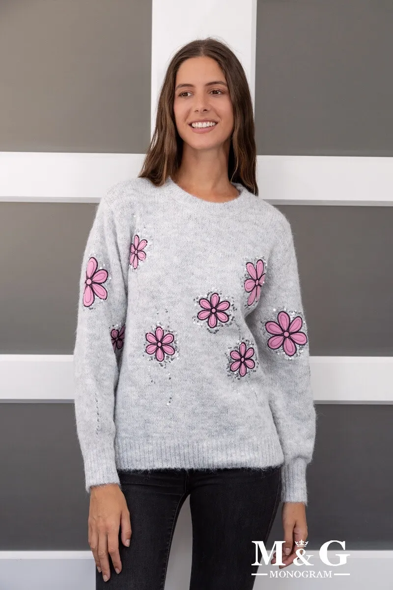 Pullover mit gestickten Blumen und Pailletten