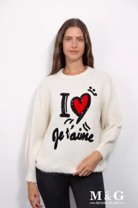 Pullover mit gestickten und paillettenbesetzten Mustern „Ich liebe dich“