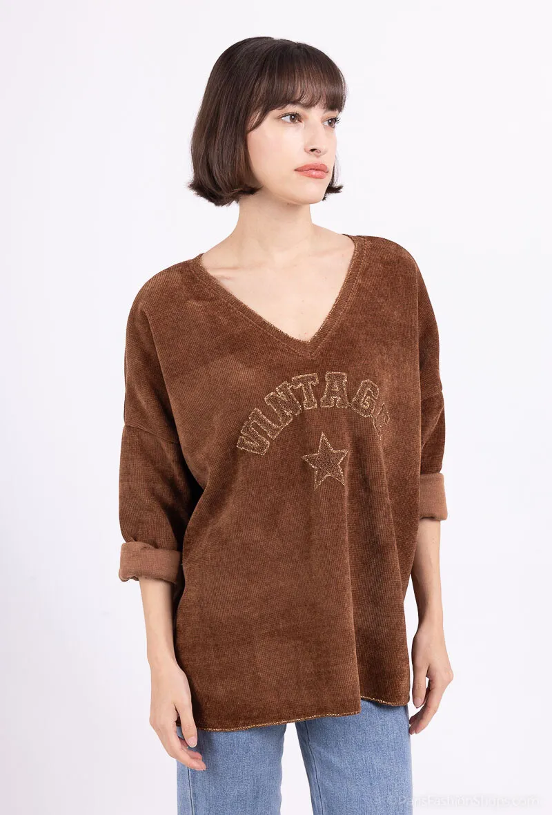 VINTAGE-Pullover aus Samt mit Stickerei