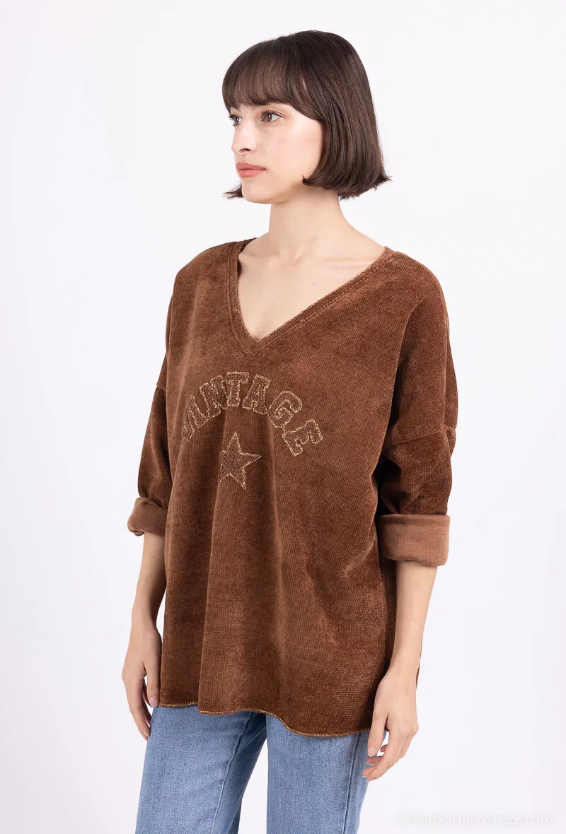 VINTAGE-Pullover aus Samt mit Stickerei