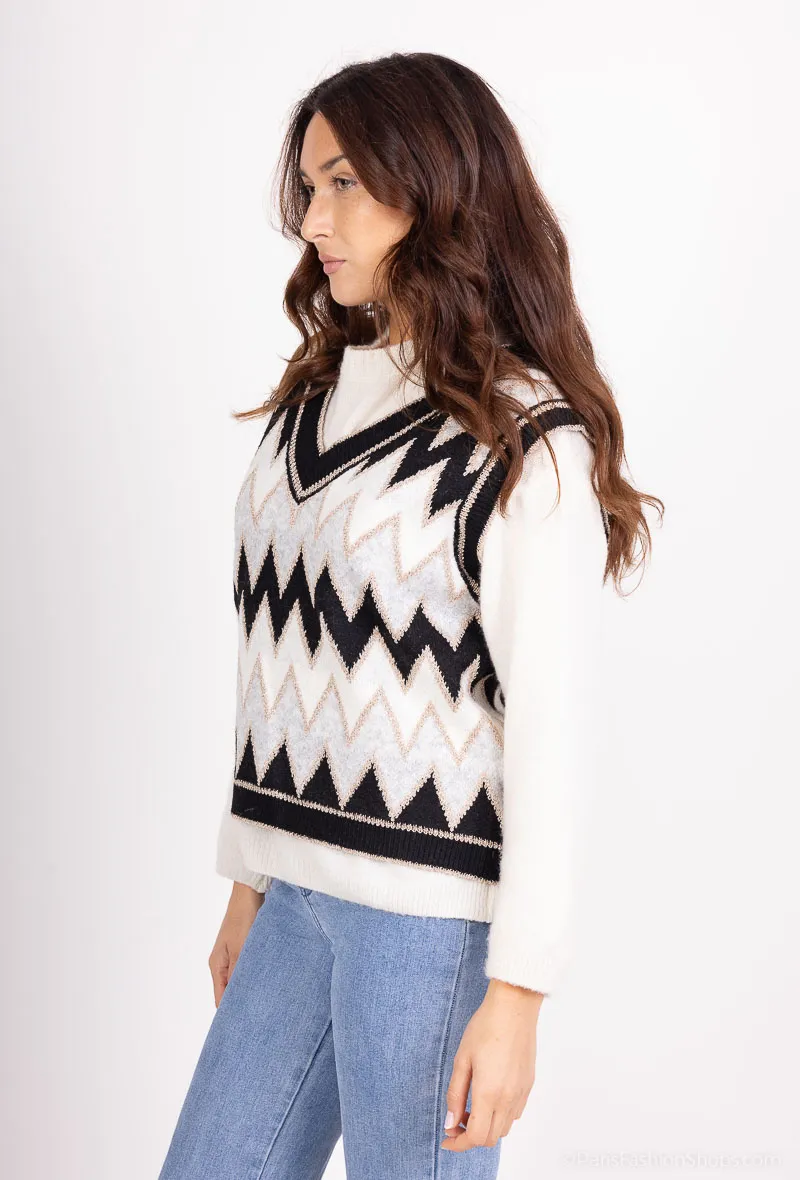 Ärmelloser Jacquard-Pullover mit V-Ausschnitt und glänzenden Fäden